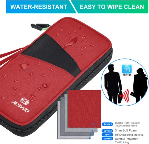 Miniatura 3 de Cartera de viaje RFID para pasaporte familiar, organizador de documentos impermeable con cremallera y correa de muñeca extraíble, Rojo, Elegante