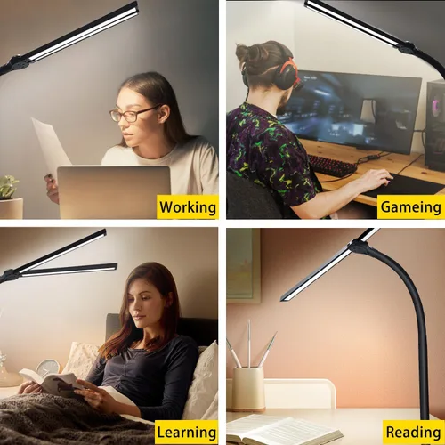 Miniatura 6 de lámpara de escritorio LED de doble cabezal para oficina - lámpara para el cuidado de los ojos con abrazadera, luz de escritorio de cuello de ganso