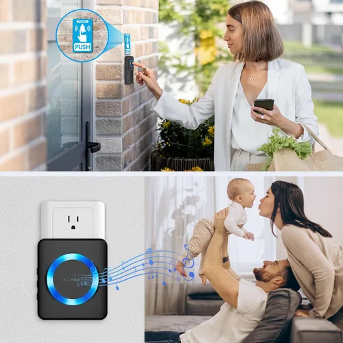 Miniatura 7 de TECKNET Timbre inalámbrico, timbre de puerta de 0 a 120 dB, timbre enchufable de 1300 pies, timbre de aula impermeable IP65, 60 timbres y 5 niveles