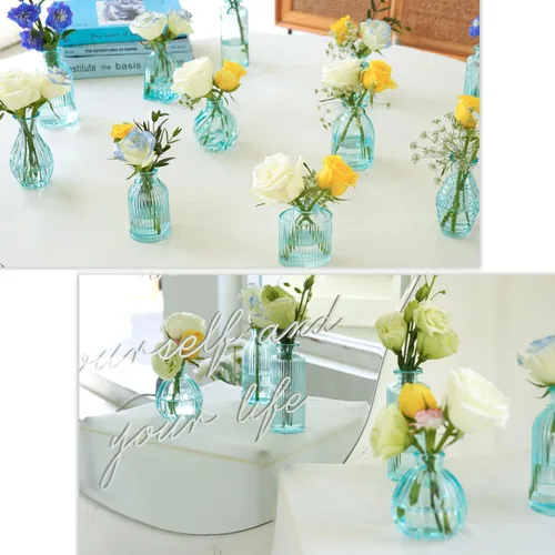 Miniatura 3 de Jarrones de Brotes a Granel 24, Jarrón de Vidrio Azul, Jarrones Pequeños para Flores, Jarrón Moderno de Vidrio Acanalado para Boda Florero de Azul