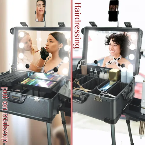Miniatura 7 de Estuche de maquillaje rodante con espejo de luz LED, patas ajustables, mesa de tren con cerradura, estudio, artista, cosmética, tamaño de mano