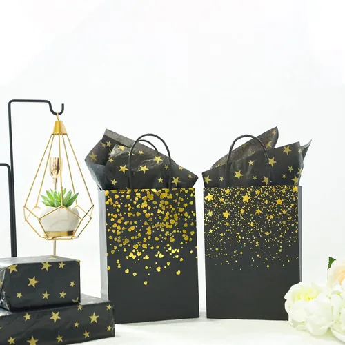 Miniatura 6 de Sharlity Bolsas de regalo pequeñas de color negro y dorado, 24 bolsas de papel de fiesta con papel de seda de estrella para Halloween, Año Nuevo