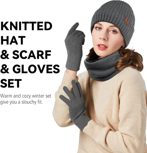 Miniatura 31 de OZERO Juego de 3 piezas de gorro de invierno y bufanda para mujeres y hombres: guantes para pantalla táctil, gorro de punto, calentador de cuello