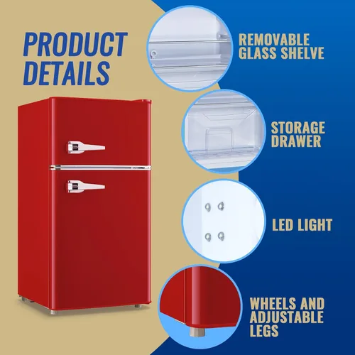Miniatura 4 de Refrigerador de 3.5 pies cúbicos con congelador, refrigerador de doble puerta color rojo con estantes ajustables de cristal, cajón plástico