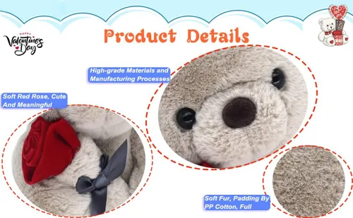 Miniatura 4 de HWD Oso de peluche de 9.8 pulgadas con rosa, muñeca de felpa suave, juguetes de peluche, regalos para ella/novia, amante, mamá, niños pequeños (gris)