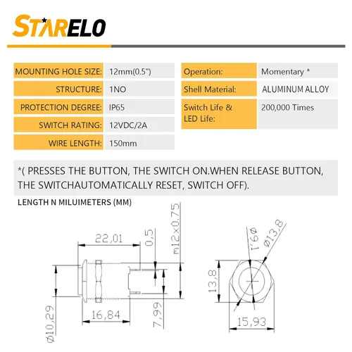 Miniatura 3 de STARELO 5pcs 0.472 in interruptor de botón momentáneo carcasa negra con pre-cableado, IP65 impermeable interruptor de botón, aleación de aluminio 1
