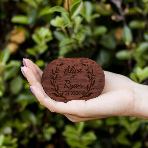 Miniatura 3 de Caja de anillo de boda personalizada para ceremonia, caja de anillo ovalada de madera, caja de soporte para anillos de boda para él y ella, caja
