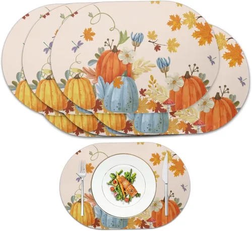Miniatura 66 de Non Slip Placemats Set of 6 Pumpkin Mushroom Theme Waterproof Wipeable Faux Leather for Thanksgiving Family Feast Heat Resistant Dining Table Mats