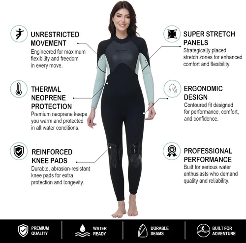 Miniatura 3 de Traje de neopreno de 0.118 pulgadas para mujer, natación en agua fría con cremallera trasera, adecuado para buceo, natación, surf, esnórquel y otros