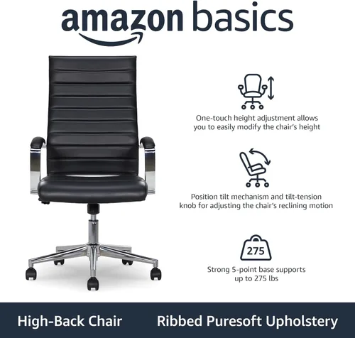 Miniatura 4 de Amazon Basics Silla de escritorio giratoria con respaldo alto, tapicería ergonómica de piel sintética acanalada, soporte lumbar, estilo moderno