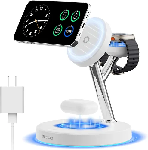 Miniatura 11 de Cargador inalámbrico 3 en 1 para iPhone, estación de carga magnética para la familia Apple con luz ambiental azul ajustable, soporte de cargador