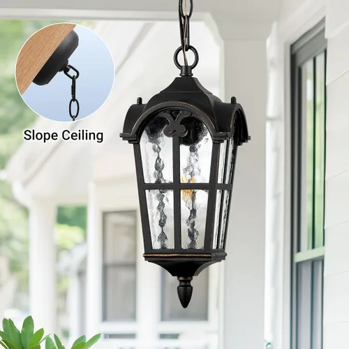 Miniatura 7 de VIANIS Lámpara colgante exterior negra con adornos dorados, luces colgantes exteriores con vidrio ondulado, candelabro exterior de aluminio