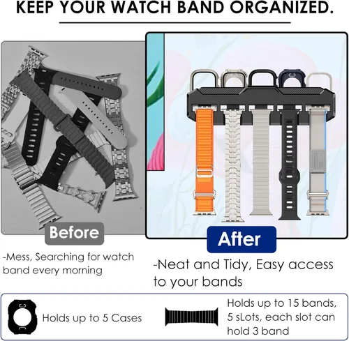 Miniatura 2 de FULLIFE Compatible con 15 ranuras para Apple Watch, organizador de correa y 5 ranuras para Apple Watch, soporte para pulsera, caja de reloj