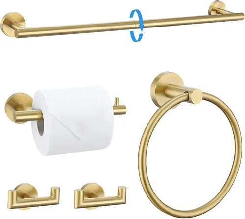 Juego de 5 piezas de toallero, accesorios de baño de hardware de oro cepillado que incluye toallero de 60 cm, soporte de papel higiénico, anillo de