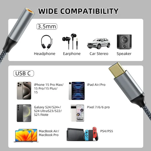 Miniatura 6 de TIPSEAN Adaptador USB C a 3.5mm Jack de Auriculares (Paquete de 2), Cable Dongle de Audio Aux USB-C para iPhone 17 Pro Max/17 Pro, 16/15 Pro Max