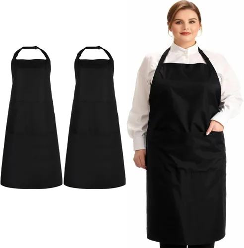 Paquete de 2 delantales de talla grande, delantales de chef grandes negros con 2 bolsillos para hombres y mujeres, camarera, delantal de trabajo