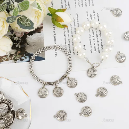 Miniatura 6 de AUEAR, Paquete de 100 dijes de globo de aleación de tierra de plata para hacer joyas, pulseras y collares
