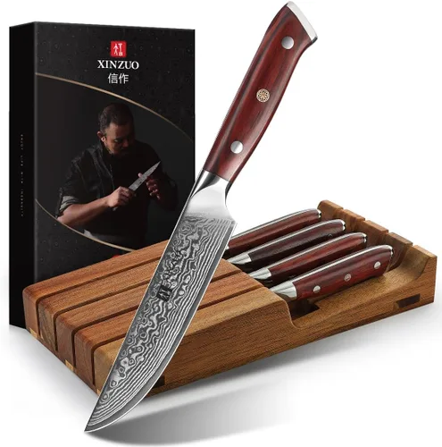 XINZUO Juego de 5 cuchillos de carne, cuchillos de cena no dentados con soporte para cuchillos de cajón, cuchillo de cocina de acero de Damasco de