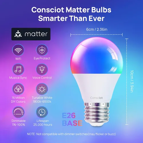 Miniatura 2 de Consciot Bombillas inteligentes, bombillas LED A19 E26 que cambian de color, WiFi y Bluetooth, certificado Matter, funciona con Alexa, Google Home