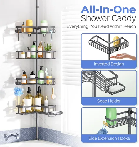 Miniatura 5 de HAMITOR Poste de tensión para ducha: organizador de baño de esquina a prueba de óxido de 4 niveles con soporte para jabón y ganchos - estante