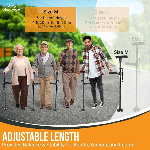 Miniatura 7 de Bastón de caminar con luz y alarma, plegable, ajustable, ligero, para equilibrio y estabilidad para adultos, personas mayores y lesionados. [Negro]