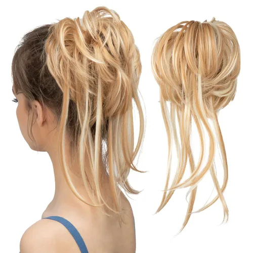 Miniatura 36 de CJL HAIR - Extensión de cabello tipo coletero de chongo desordenado, rizado, sintético, con colas rectas, scrunchies para peinados de moño