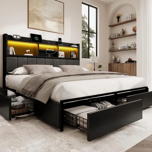 BRELTAM Base de cama Queen con 6 cajones de almacenamiento, cabecera tapizada de lino, estación de carga USB integrada e iluminación LED, soporte de