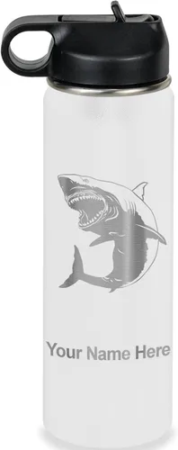 Miniatura 71 de LaserGram Botella de agua personalizada, gran tiburón blanco, acero inoxidable de doble pared aislada al vacío con popote superior, regalo grabado
