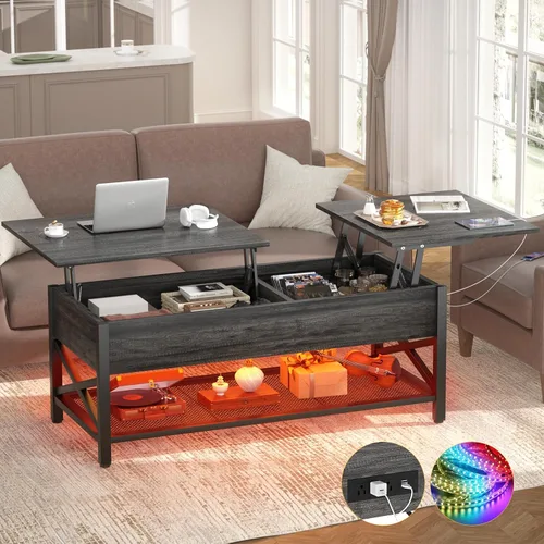 Miniatura 8 de Aheaplus Mesa de Centro Elevable Negra con Luz LED, Tomas de Corriente y Estante de Almacenamiento, 41.7"An x 19.69"L x 19.7"Al