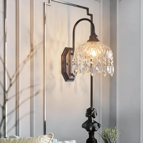 Miniatura 4 de Juego de 2 apliques de pared vintage, apliques de pared de cristal de cristal, acabado negro antiguo cepillado mate, juego de dos para dormitorio