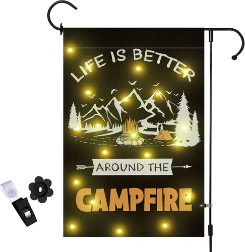 Bandera de jardín para campamento con luces LED, 12 x 18 pulgadas, arpillera vertical de doble cara para campamento, hoguera, banderas de jardín