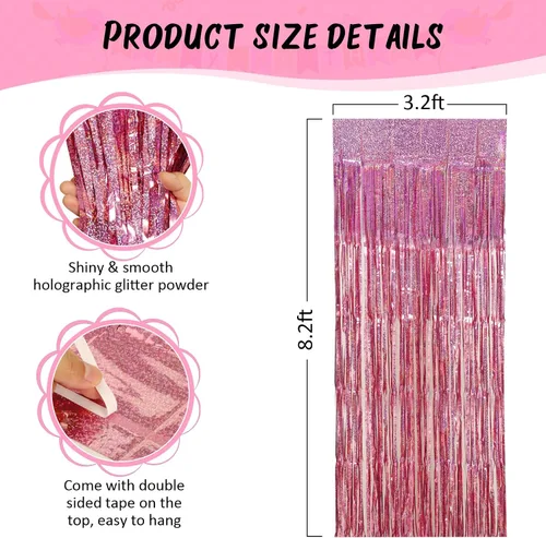 Miniatura 6 de Accevo Paquete de 3 cortinas de flecos de papel de aluminio con purpurina de 3.2 x 8.2 pies, decoración de fiesta rosa, serpentinas de oropel Rosado
