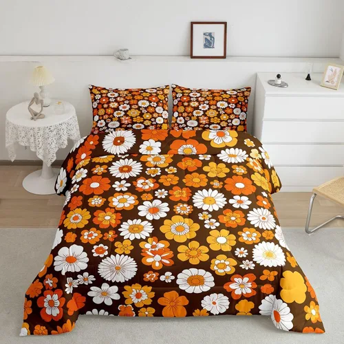 Juego de edredón Groovy de los años 60 y 70 para niños, edredón retro de flores hippie para niños y adolescentes, juego de ropa de cama vintage