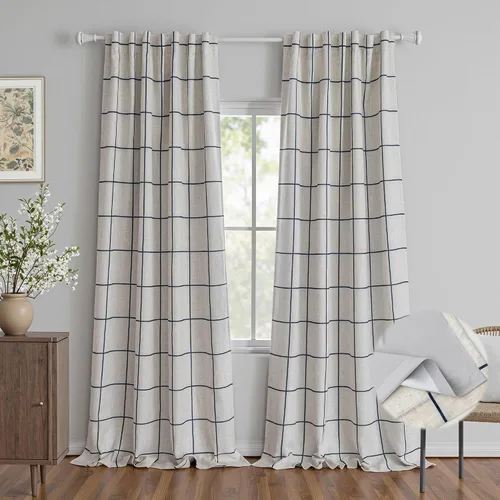 Miniatura 22 de MYSKY HOME Cortinas de Lino a Cuadros 100% Opacas de 45 Pulgadas de Largo de Doble Capa Estilo Granja con Aislamiento Térmico Estampado a Cuadros