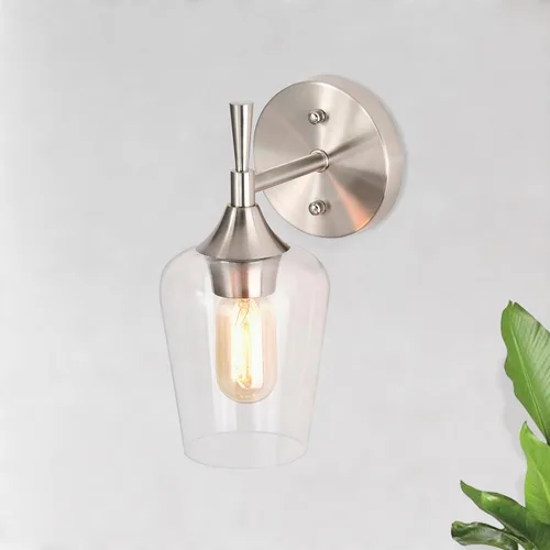 Edvivi Lámpara de tocador de baño de 1 luz, níquel cepillado moderno con pantalla de vidrio transparente, apliques de pared para espejos, Latón