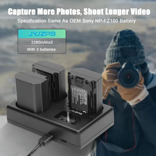 Miniatura 8 de JYJZPB Paquete de 3 baterías NP-FZ100 y cargador de batería triple Capacidad de 2280 mAh cada paquete, para cámaras Sony A7III A7IV A7R III A9