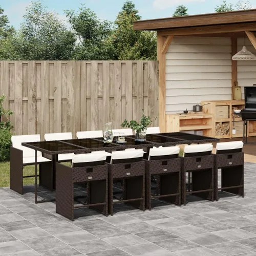 11-Piece Brown Poly Rattan Patio Dining Set with Cream Cushions Outdoor Furniture Foldable Chairs Tempered Glass Table for Garden Backyard Patio