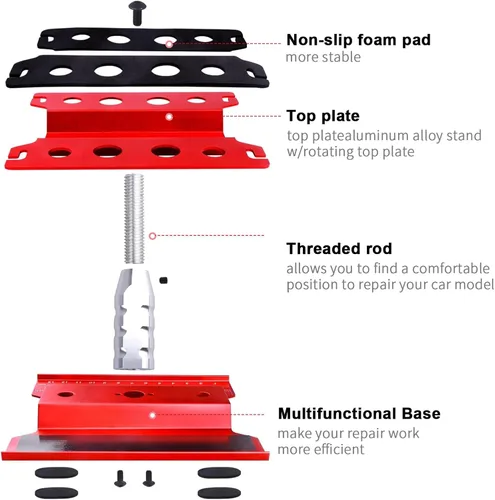 Miniatura 6 de Soporte de trabajo para auto a control remoto, estación de trabajo de reparación de aluminio, rotación de 360 grados, inferior con bandeja de Rojo