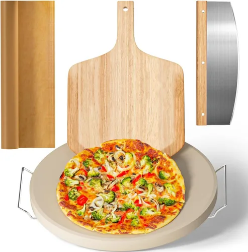 Juego de 5 piedras grandes para pizza, piedra de pizza resistente de 16 pulgadas para horno y parrilla con asador, cáscara de pizza (roble),