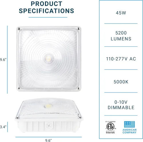 Miniatura 2 de PARMIDA - Luz LED para toldo, 45 W, 0-10 V regulable, 110-277 VAC, IP65 impermeable, certificación ETL, 5000 K (luz de día), 9.6 x 9.6 pulgadas