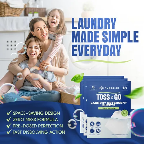 Miniatura 2 de Purecise Toss & Go - Hojas de detergente para ropa Paquete de 3 muestras, 30 cargas, prueba antes de comprometerse, de rápida disolución, sin