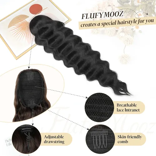 Miniatura 3 de Flufymooz Extensión de cola de caballo, 26 pulgadas, ondulado, con cordón, extensión de pelo largo, extensión de pelo sintético suave para mujer