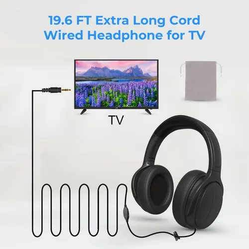Miniatura 2 de Auriculares con cable extralargos para TV y PC para ver televisión para personas mayores con control de volumen, auriculares con cable de longitud