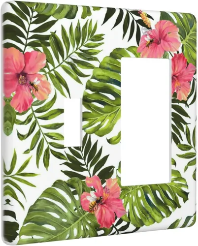 Miniatura 61 de Cubierta de placa de pared con palmera verde de planta tropical, cubierta de interruptor de luz de 1 cuadrilla, hojas de plátano, flores rosas