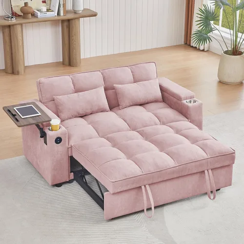 Miniatura 5 de hansones Sofá cama extraíble multifuncional de 66 pulgadas con mesa auxiliar oculta, reposabrazos de almacenamiento, puerto de carga integrado