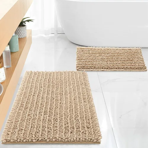 FLOLEOPA Alfombras de Baño de Chenille de Lujo Color Beige Juego de Tapetes de Baño, Extra Suaves y Absorbentes Alfombras de Baño Antideslizantes
