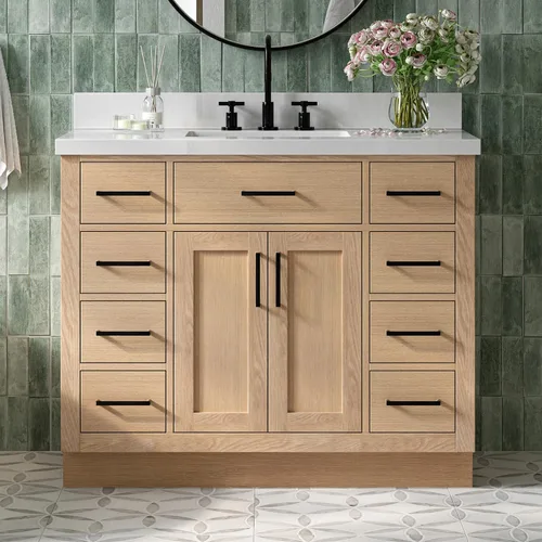 Miniatura 17 de DKB Isabella - Mueble de baño negro de 42 pulgadas con fregadero, lavabo rectangular, encimera de cuarzo blanco puro y protector contra salpicaduras