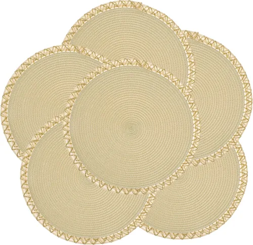 fanquare Manteles individuales redondos de 13.4 pulgadas, manteles individuales beige con ribete dorado, lavables, trenzados, juego de 6 manteles