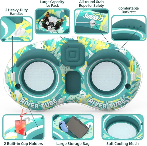 Miniatura 3 de Sunikko X 5-in-1 Pool Floats Adult Heavy Duty River Tube, 2 Person Water Lounge Tanning Pool with Backrests, Built-in Cooler, Cup Holders, Deluxe