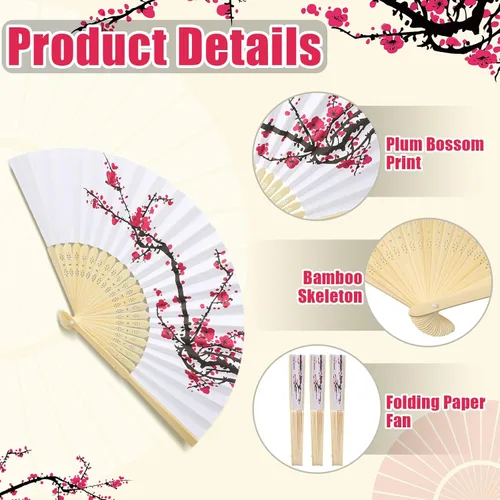 Miniatura 3 de Roowest 50 abanicos de papel de mano de cerezo en flor de cerezo, kit de recuerdos de chinoiserie, abanicos de mano plegables chinos japoneses retro